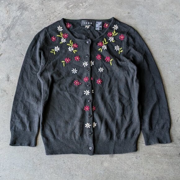 Vintage Icon Black Silk Cashmere Knit Floral Embroidered Cardigan Sweater small - Picture 1 of 6